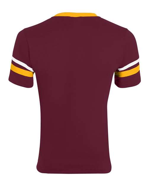 V-Neck Jersey with Striped Sleeves - Maroon/ Gold/ White