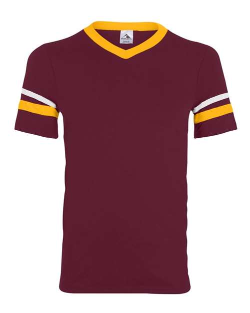 V-Neck Jersey with Striped Sleeves - Maroon/ Gold/ White