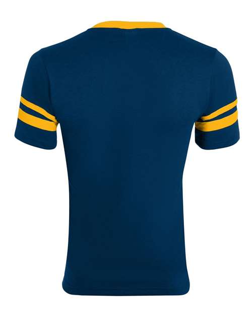 V-Neck Jersey with Striped Sleeves - Navy/ Gold