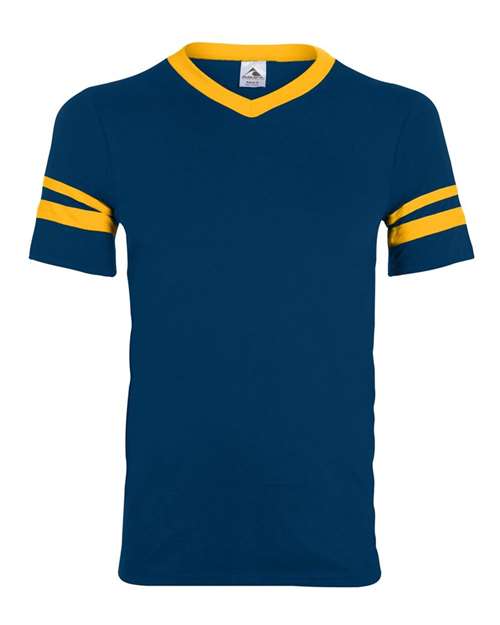 V-Neck Jersey with Striped Sleeves - Navy/ Gold