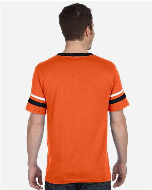 V-Neck Jersey with Striped Sleeves - Orange/ Black/ White