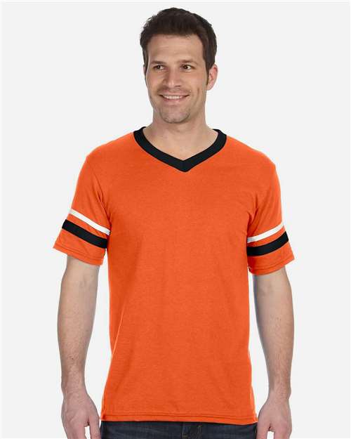 V-Neck Jersey with Striped Sleeves - Orange/ Black/ White