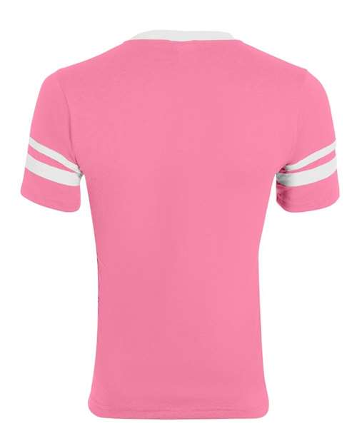 V-Neck Jersey with Striped Sleeves - Pink/ White