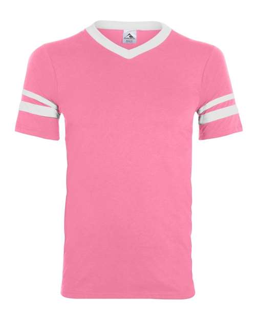 V-Neck Jersey with Striped Sleeves - Pink/ White