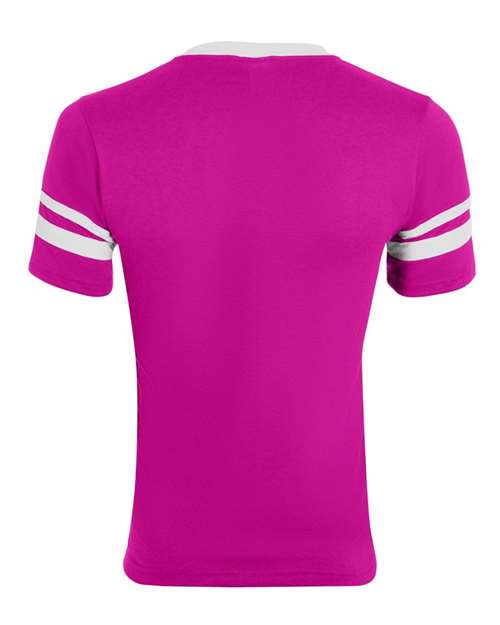 V-Neck Jersey with Striped Sleeves - Power Pink/ White