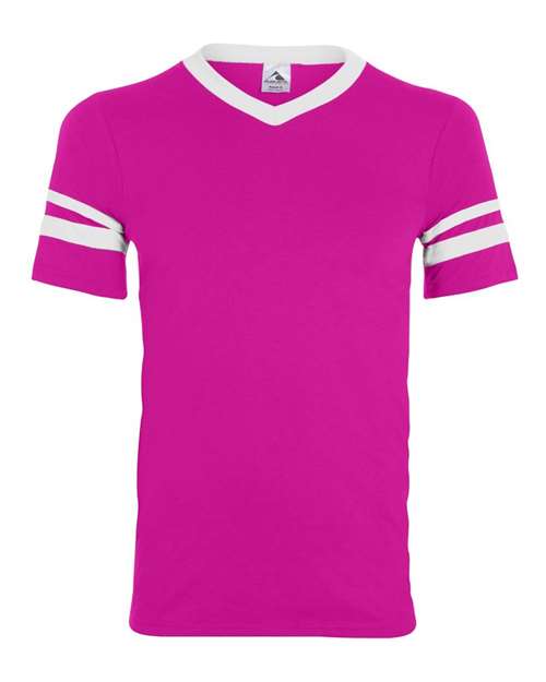 V-Neck Jersey with Striped Sleeves - Power Pink/ White