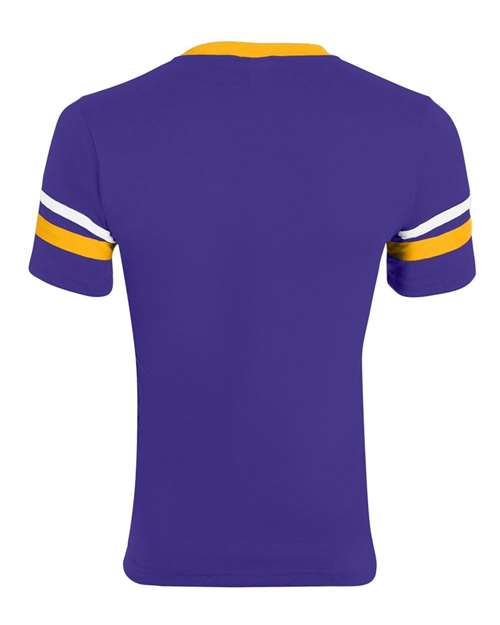 V-Neck Jersey with Striped Sleeves - Purple/ Gold/ White