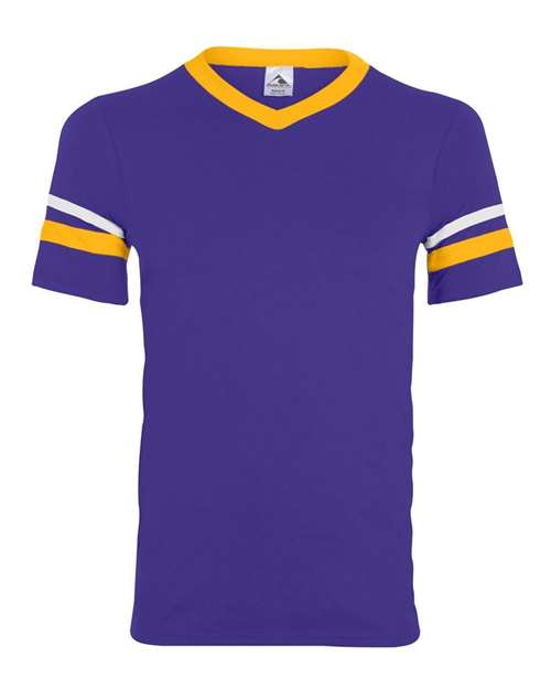 V-Neck Jersey with Striped Sleeves - Purple/ Gold/ White