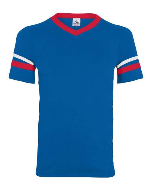 V-Neck Jersey with Striped Sleeves - Royal/ Red/ White