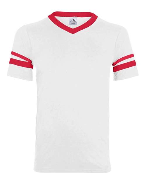 V-Neck Jersey with Striped Sleeves - White/ Red