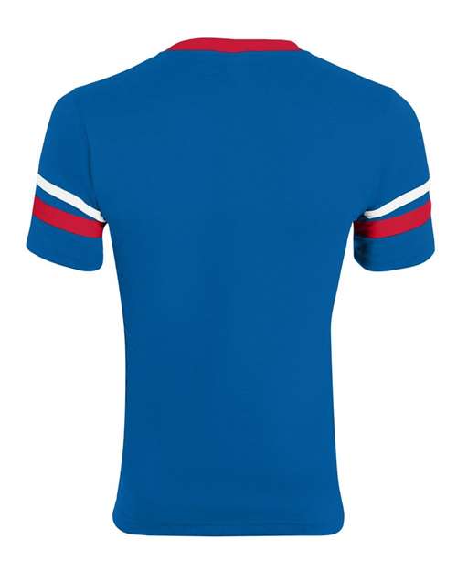 Youth V-Neck Jersey with Striped Sleeves - Royal/ Red/ White