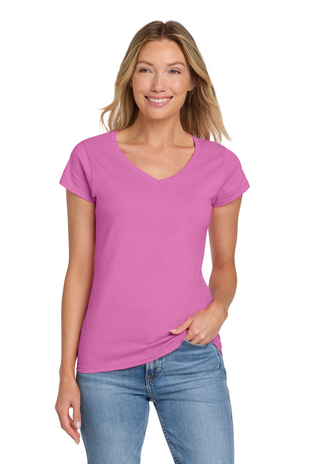 Gildan Softstyle Women's Fit V-Neck T-Shirt - Azalea