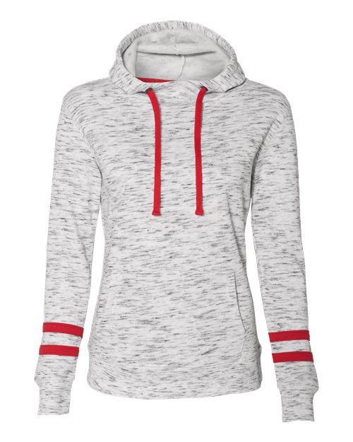 Women’s Mélange Fleece Striped-Sleeve Hooded Sweatshirt - White/ Red