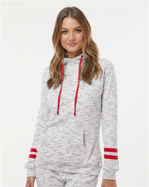 Women’s Mélange Fleece Striped-Sleeve Hooded Sweatshirt - White/ Red