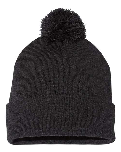 12" Pom-Pom Cuffed Beanie - Heather Charcoal