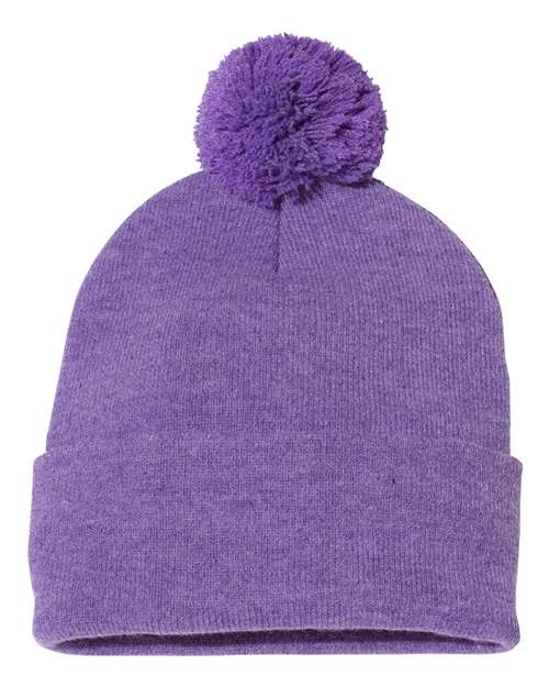 12" Pom-Pom Cuffed Beanie - Heather Purple