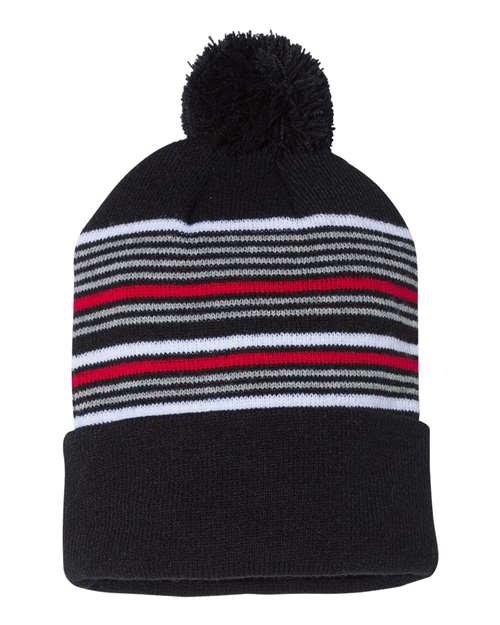 12" Striped Pom-Pom Cuffed Beanie - Black/ White/ Grey/ Red