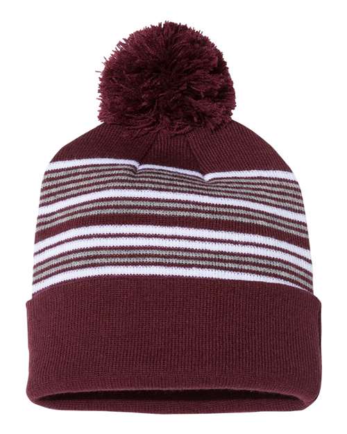 12" Striped Pom-Pom Cuffed Beanie - Maroon/ White/ Grey