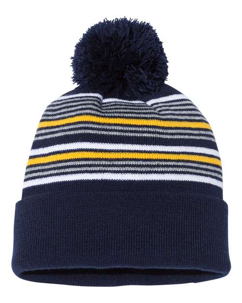 12" Striped Pom-Pom Cuffed Beanie - Navy/ White/ Grey/ Gold