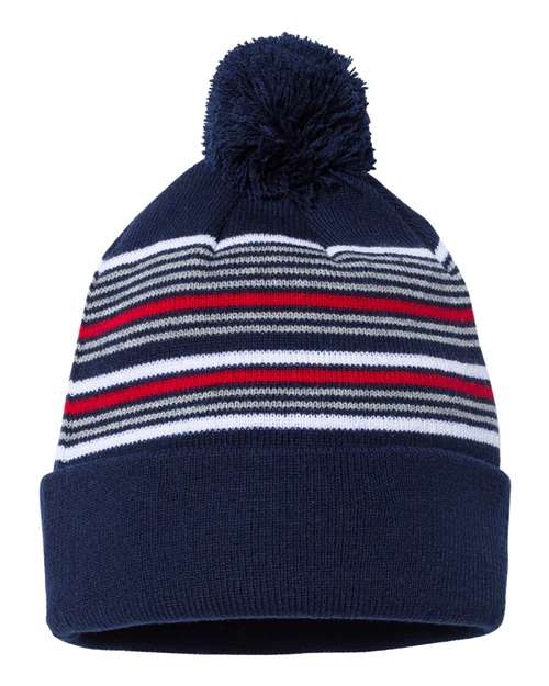 12" Striped Pom-Pom Cuffed Beanie - Navy/ White/ Grey/ Red