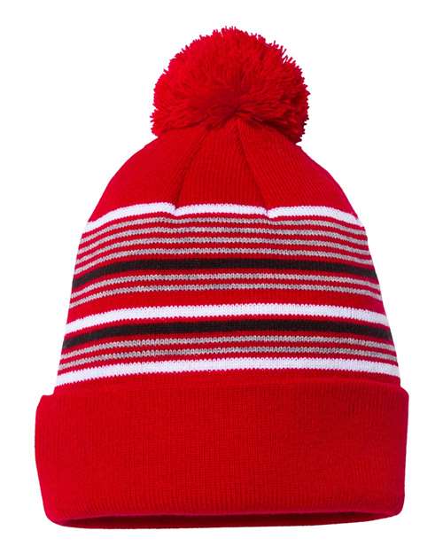 12" Striped Pom-Pom Cuffed Beanie - Red/ White/ Grey/ Black