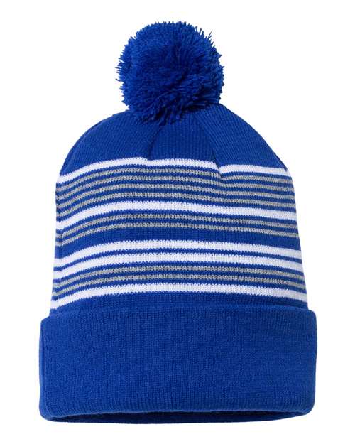 12" Striped Pom-Pom Cuffed Beanie - Royal/ White/ Grey