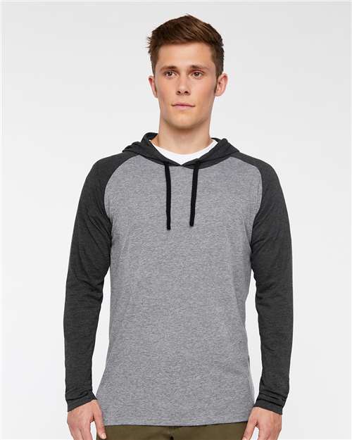 Men's Fine Jersey Hooded Long Sleeve Raglan T-Shirt - Granite Heather/ Vintage Smoke/ Black
