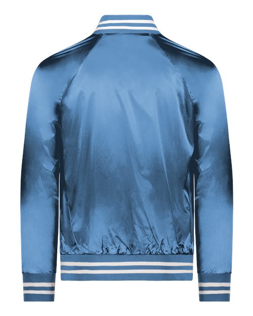Unisex Satin Baseball Jacket Striped Trim - Columbia Blue/ White