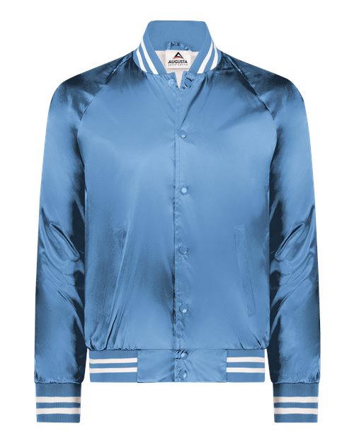 Unisex Satin Baseball Jacket Striped Trim - Columbia Blue/ White