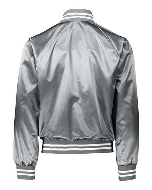 Unisex Satin Baseball Jacket Striped Trim - Metallic Silver/ White