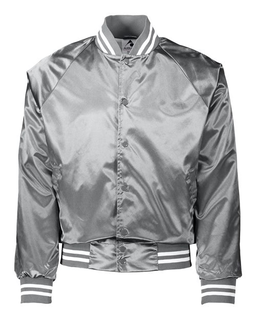 Unisex Satin Baseball Jacket Striped Trim - Metallic Silver/ White