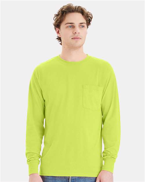 Unisex Workwear Long Sleeve Pocket T-Shirt - Safety Green