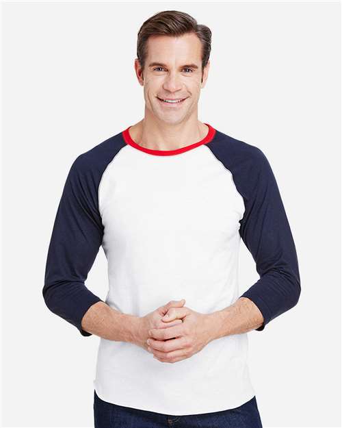 Men's Baseball Fine Jersey Three-Quarter Sleeve Tee - White/ Navy/ Red