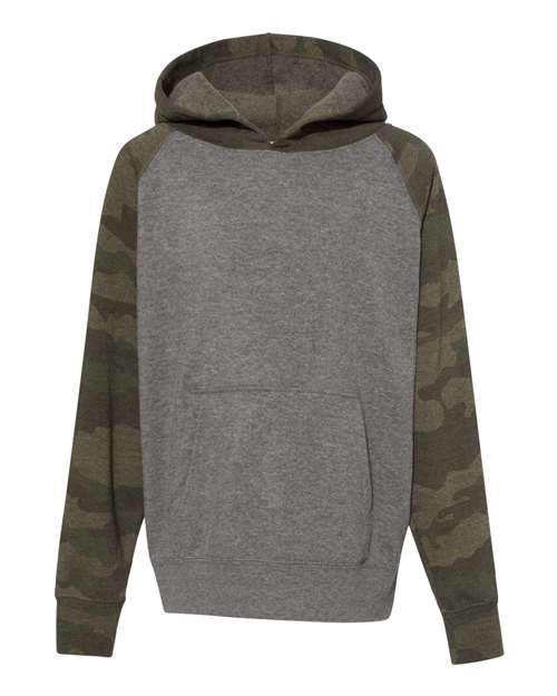 Youth Lightweight Special Blend Raglan Hooded Sweatshirt - Nickel Heather/ Forest Camo
