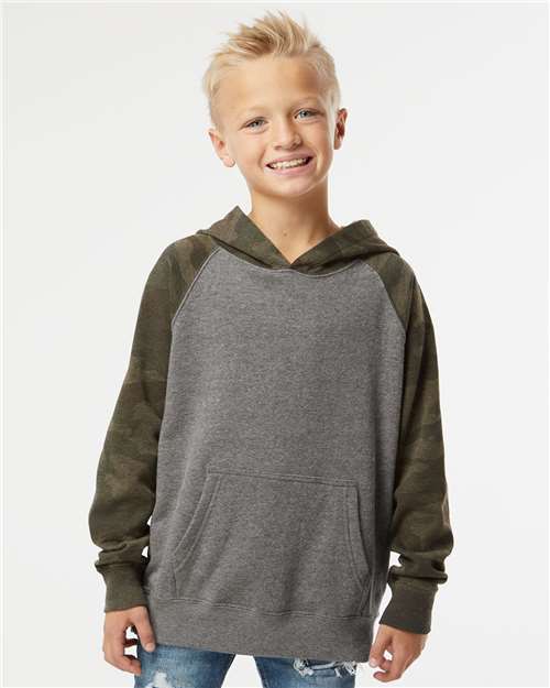 Youth Lightweight Special Blend Raglan Hooded Sweatshirt - Nickel Heather/ Forest Camo