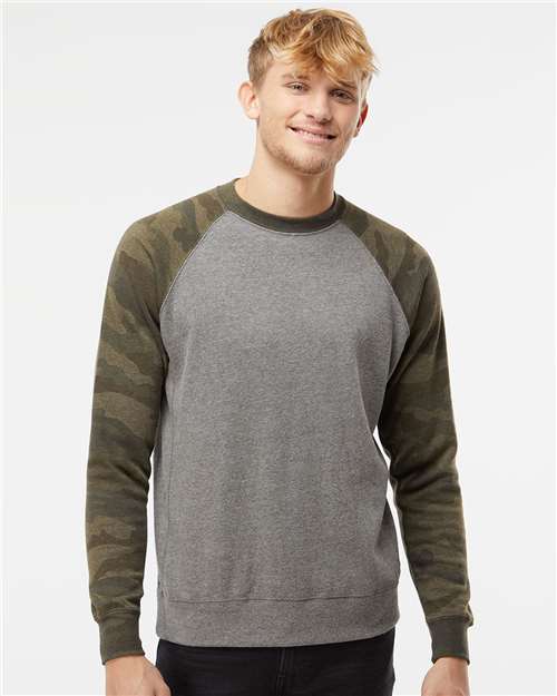 Unisex Special Blend Raglan Crewneck Sweatshirt - Nickel Heather/ Forest Camo