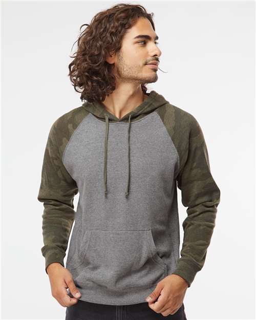 Unisex Special Blend Raglan Hooded Sweatshirt - Nickel Heather/ Forest Camo