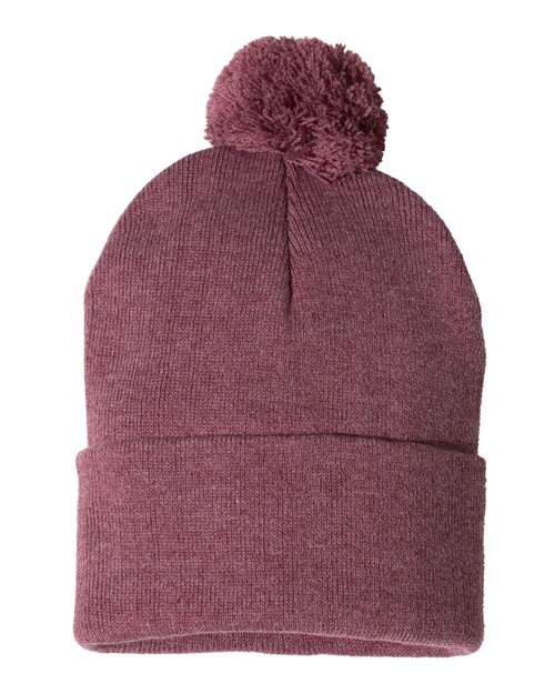 12" Pom-Pom Cuffed Beanie - Heather Cardinal