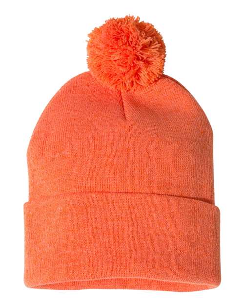 12" Pom-Pom Cuffed Beanie - Heather Orange