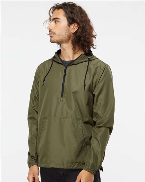Unisex Lightweight Quarter-Zip Windbreaker Pullover Jacket - Army/ Black Zipper