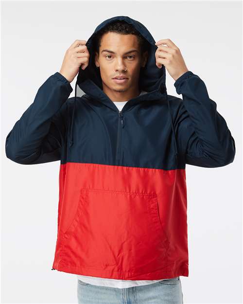 Unisex Lightweight Quarter-Zip Windbreaker Pullover Jacket - Classic Navy/ Red