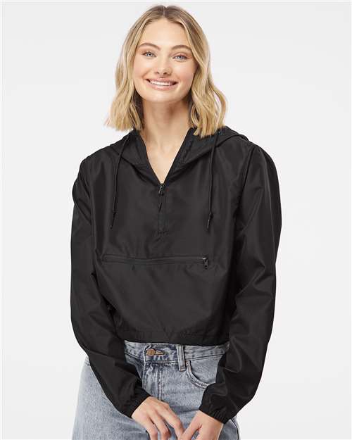 Women's Lightweight Quarter-Zip Pullover Crop Windbreaker - Black