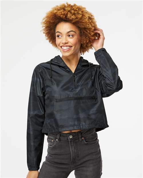 Women's Lightweight Quarter-Zip Pullover Crop Windbreaker - Black Camo