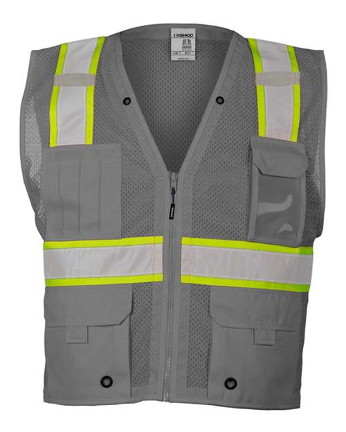 Unisex EV Series® Enhanced Visibility Multi-Pocket Mesh Vest - Grey/ Lime - B111