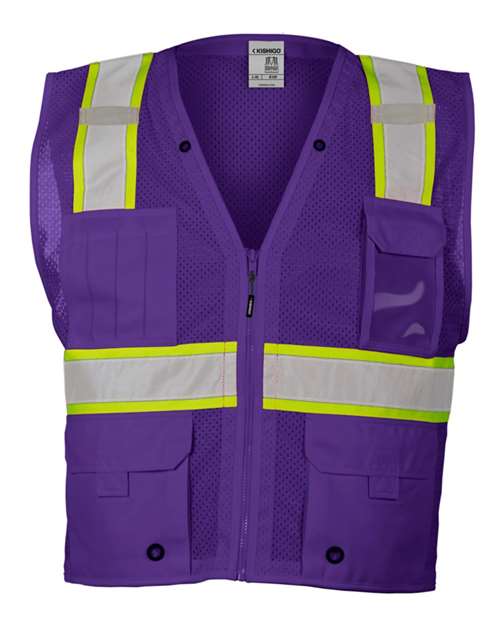 Unisex EV Series® Enhanced Visibility Multi-Pocket Mesh Vest - Purple/ Lime - B109