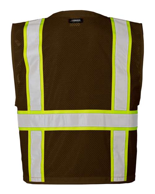 Unisex EV Series® Enhanced Visibility Multi-Pocket Mesh Vest - Brown/ Lime - B108