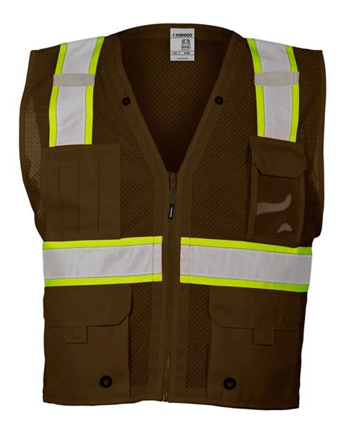 Unisex EV Series® Enhanced Visibility Multi-Pocket Mesh Vest - Brown/ Lime - B108