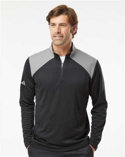 Men's Textured Mixed Media Quarter-Zip Pullover - Black/ Grey Three