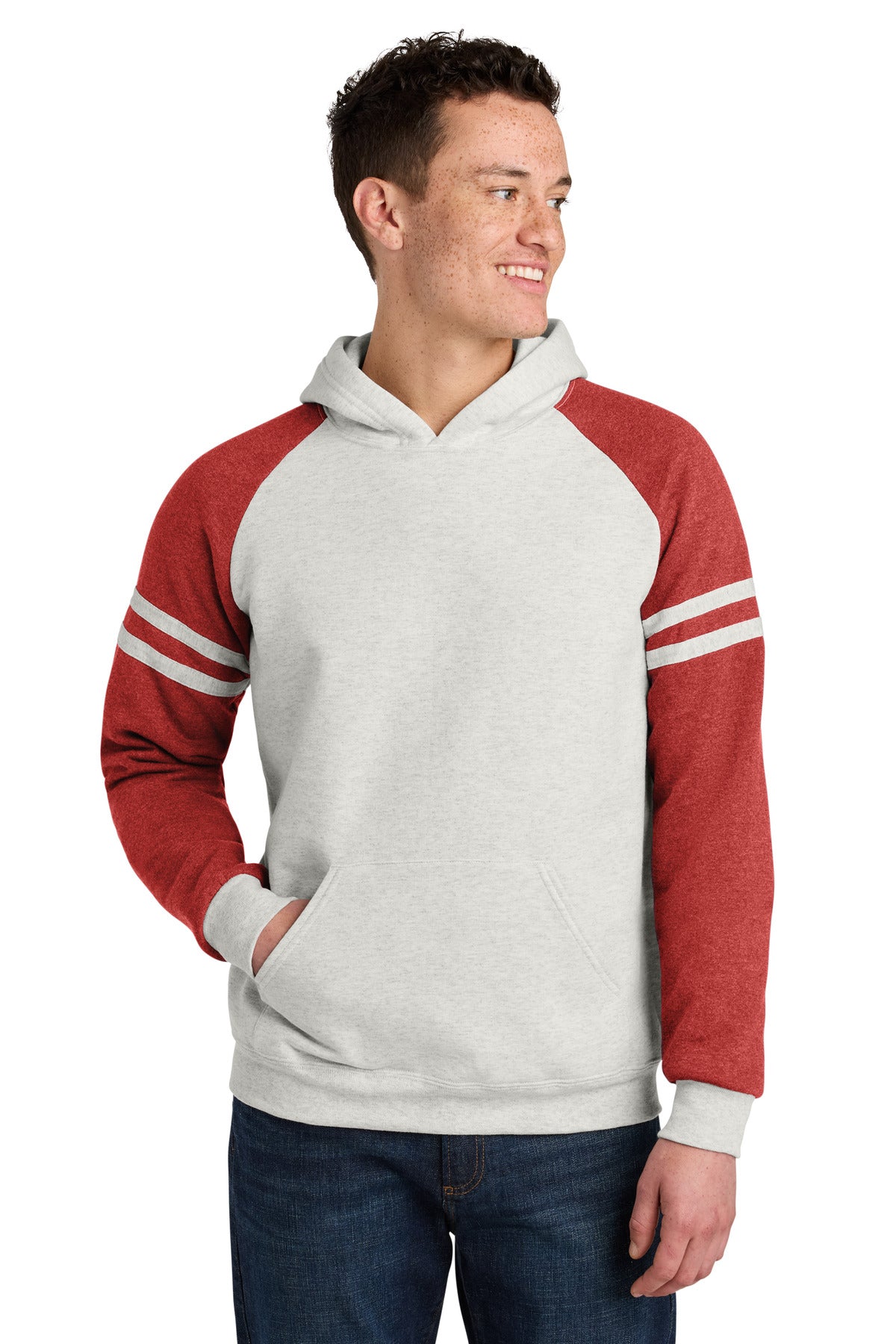 Jerzees Unisex NuBlend Varsity Colorblock Hooded Sweatshirt - Oatmeal Heather/ Fiery Red Heather