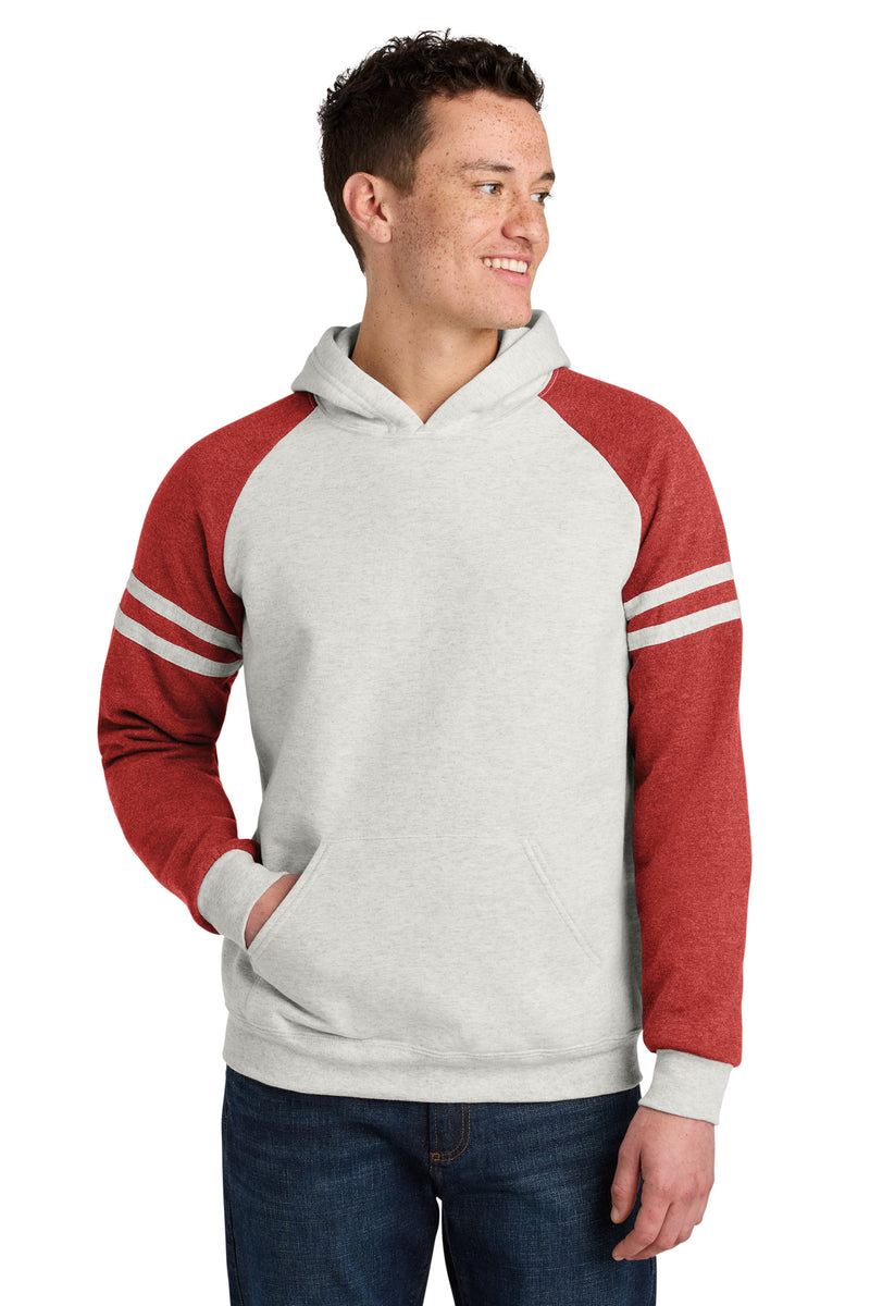 Jerzees Unisex NuBlend Varsity Colorblock Hooded Sweatshirt - Oatmeal Heather/ Fiery Red Heather